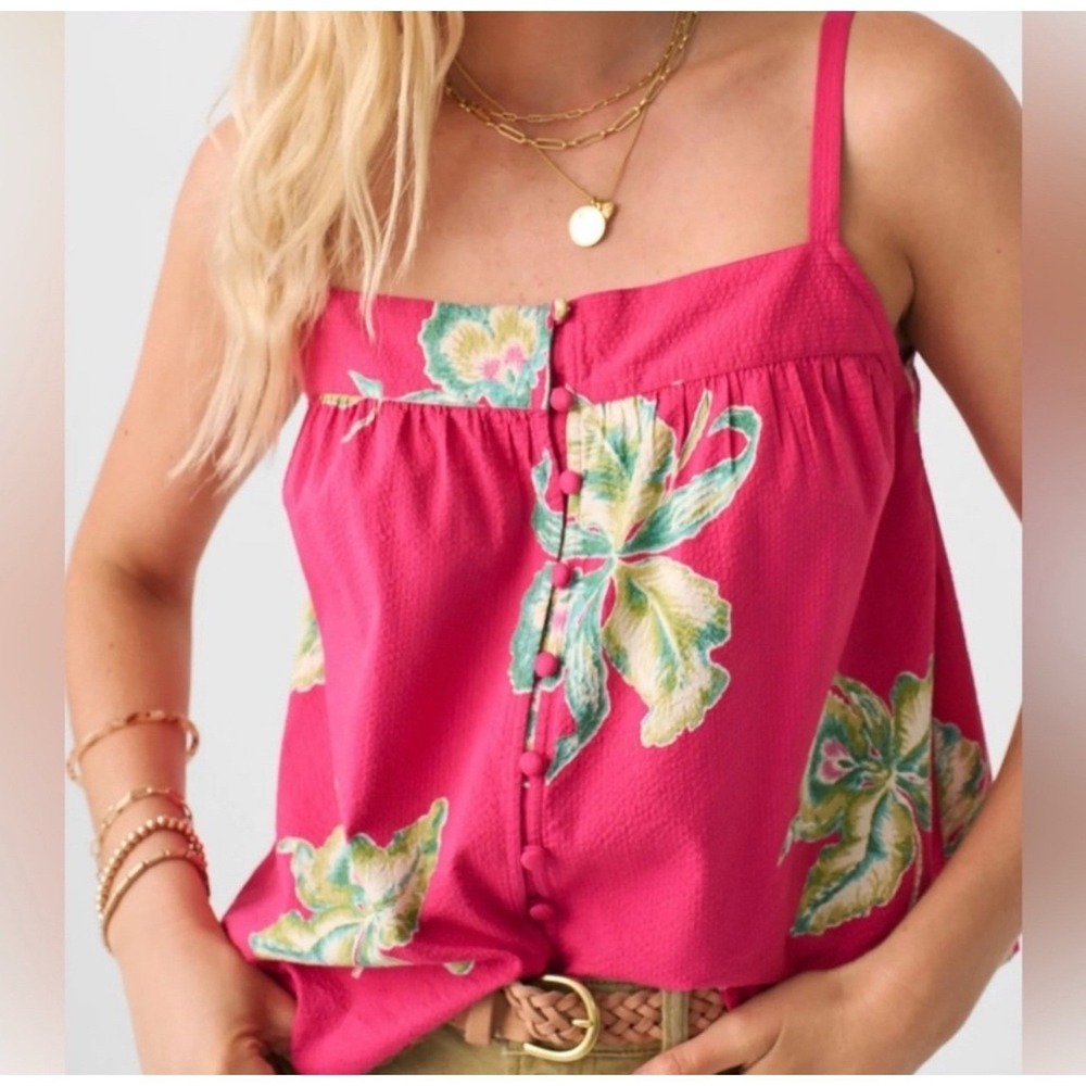 Faherty Floral Button Front Tank Top Sleeveless Hot‎ Pink Size M Dainty Feminine